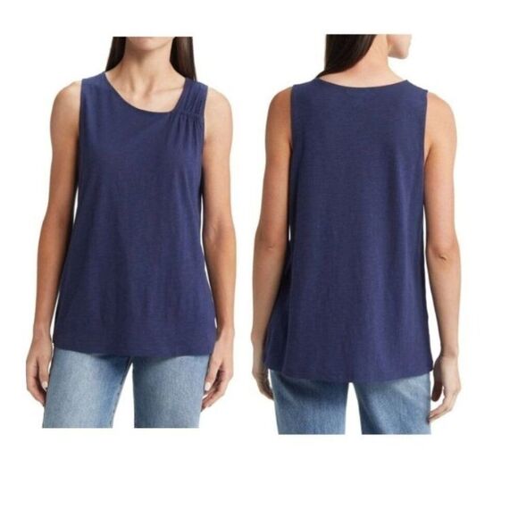 Caslon Flowy Asymmetric Neck Knit Tank In Navy Peacoat, Sz. L - Picture 1 of 13